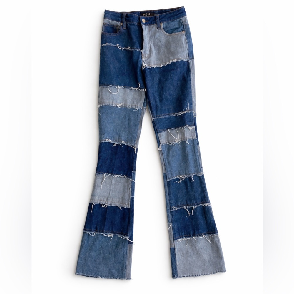 AKIRA Distressed Patchwork Flare Vintage Jeans